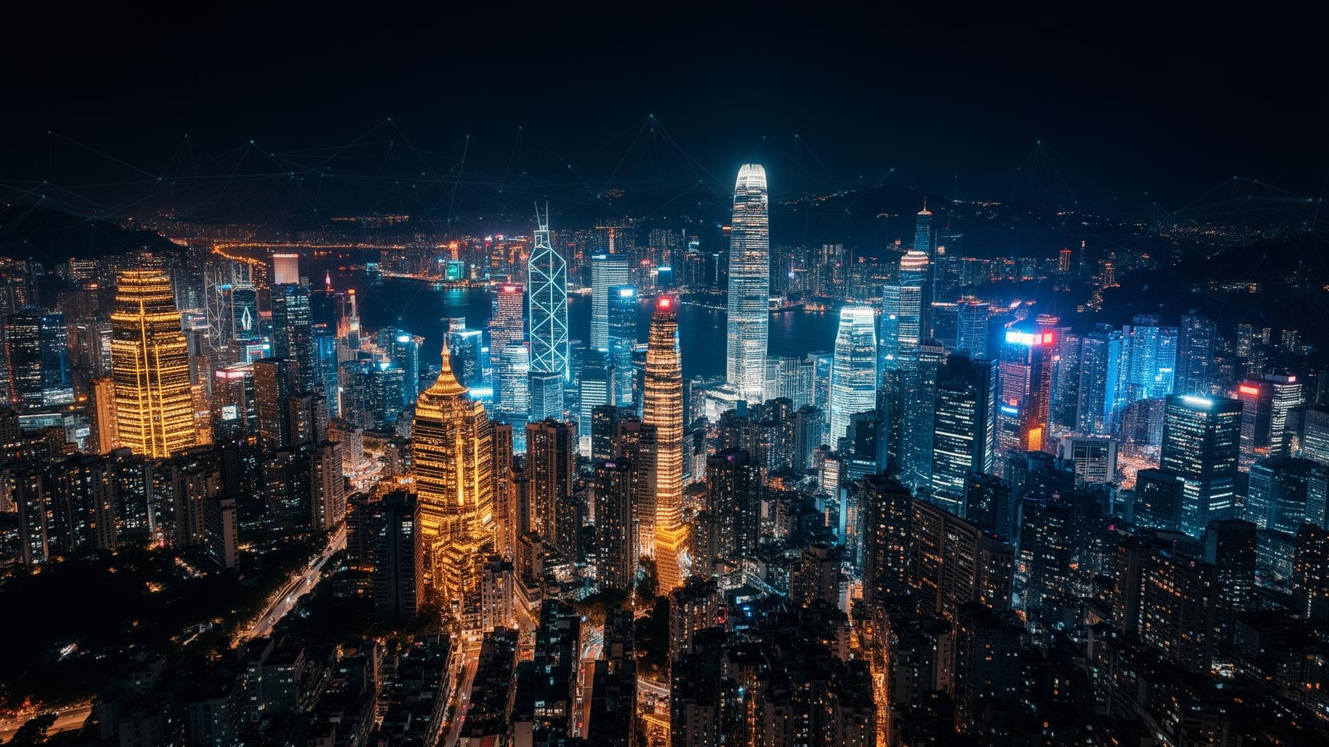 East Asian city skyline at night with a digital network overlay